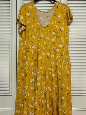 Liberty Love Mustard Yellow Floral Tiered Flutter Sleeve Dress 1X Cottagecore